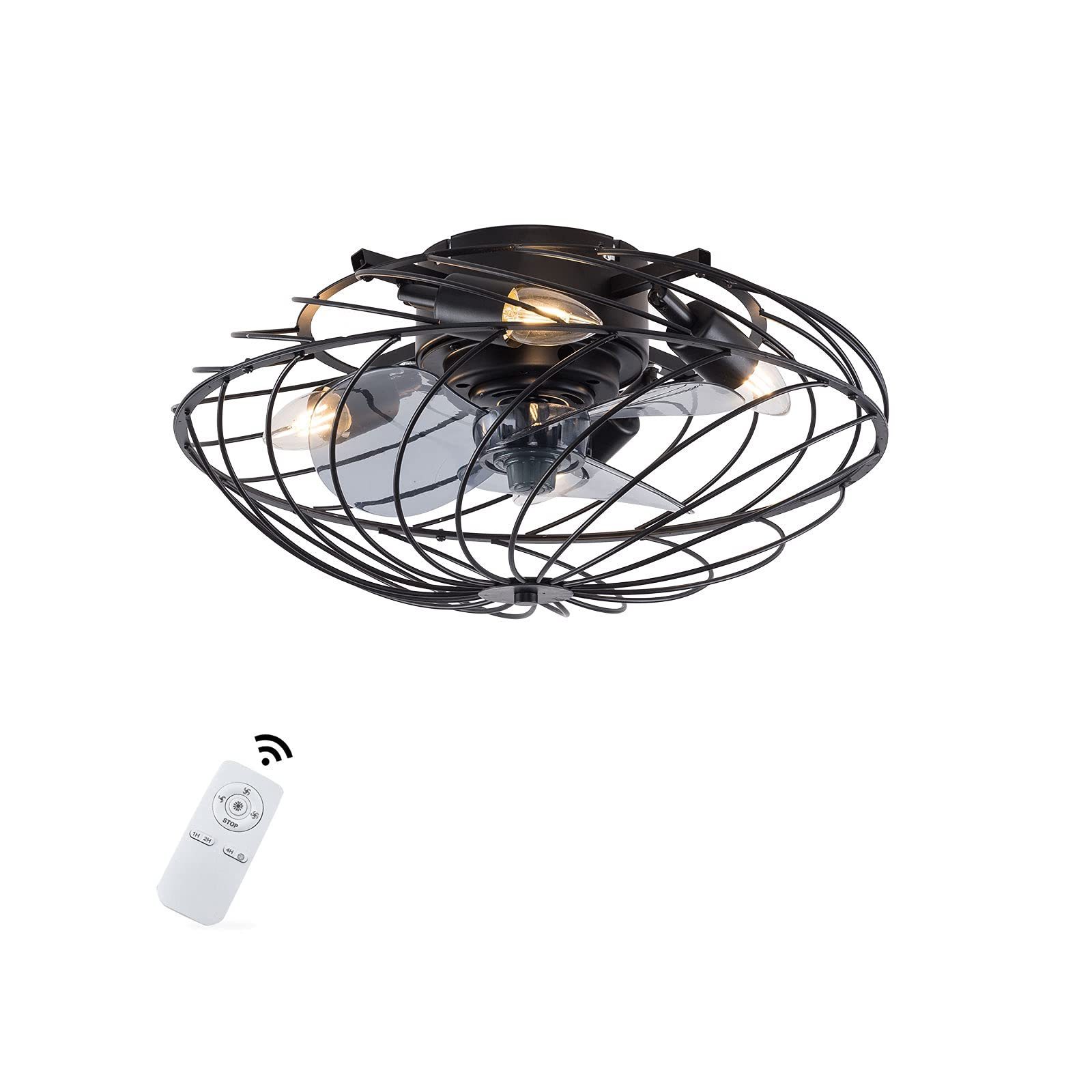 4-Light Low Profile Ceiling Fan With Black Metal Cage Modern Ceiling Fan with Light for Farmhouse Restaurants