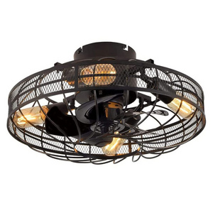 4-Light Low Profile Ceiling Fan With Black Metal Cage Modern Ceiling Fan with Light for Farmhouse Restaurants