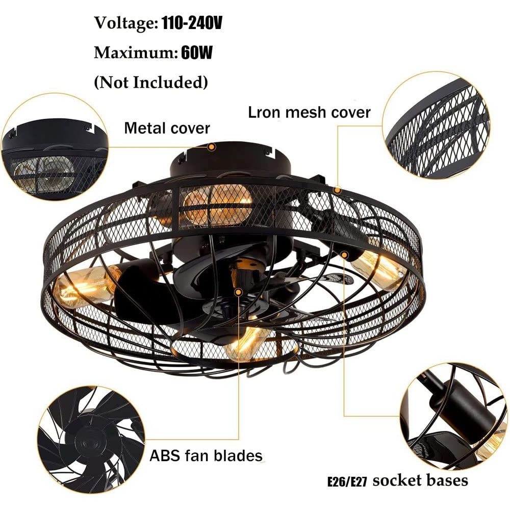 4-Light Low Profile Ceiling Fan With Black Metal Cage Modern Ceiling Fan with Light for Farmhouse Restaurants