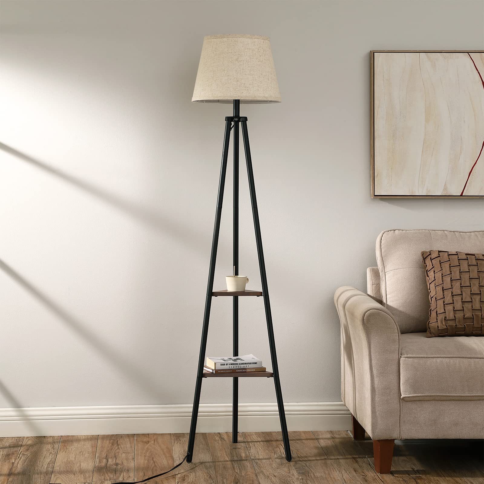 Industrial Standing Storage Lamp Living Room Beige Linen Shade Tripod Floor Lamp with Shelves