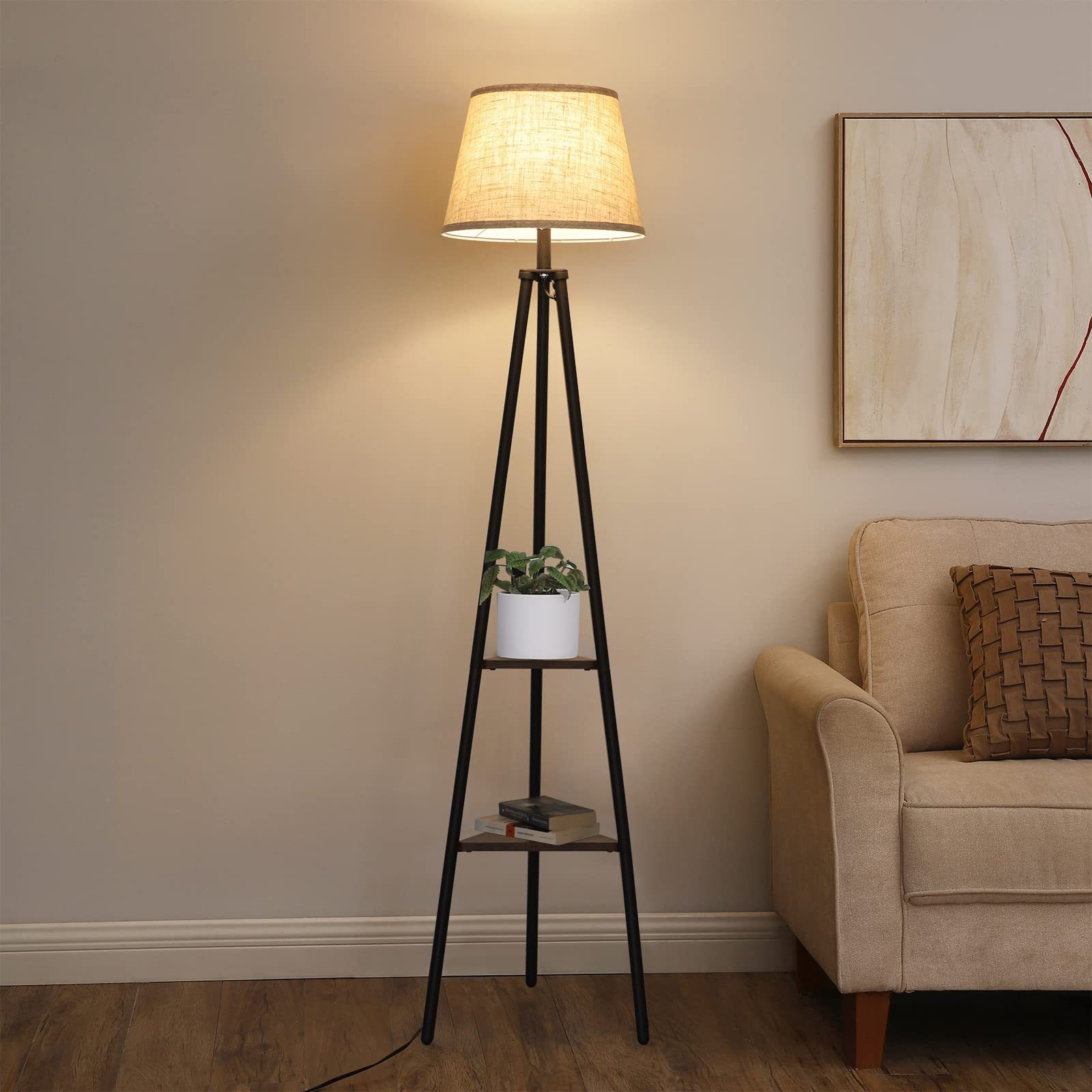 Industrial Standing Storage Lamp Living Room Beige Linen Shade Tripod Floor Lamp with Shelves