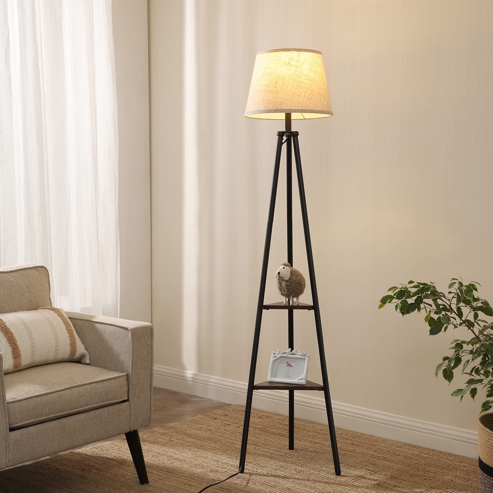 Industrial Standing Storage Lamp Living Room Beige Linen Shade Tripod Floor Lamp with Shelves