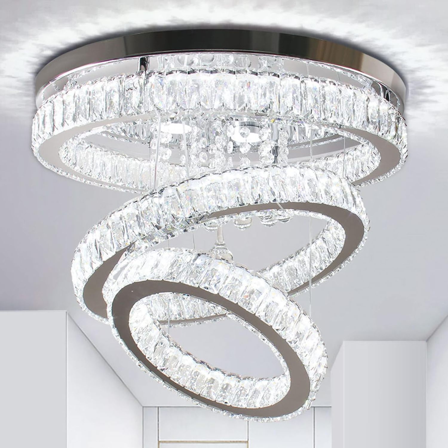 Crystal Chandelier LED Fixture Flush Mount Ring Chandeliers ceiling light with Remote Control for Bedroom Dining Room Li