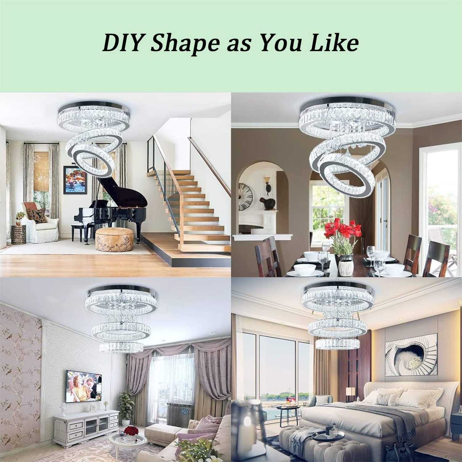 Crystal Chandelier LED Fixture Flush Mount Ring Chandeliers ceiling light with Remote Control for Bedroom Dining Room Li