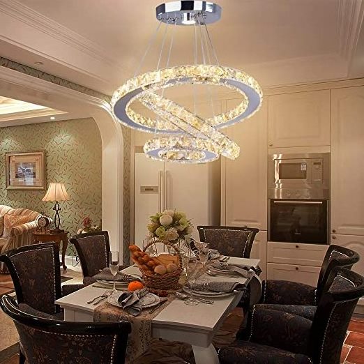 Modern LED Crystal Ceiling Fixtures Dining Room Pendant Lights Contemporary 3 Rings Adjustable Stainless Steel Chandelier