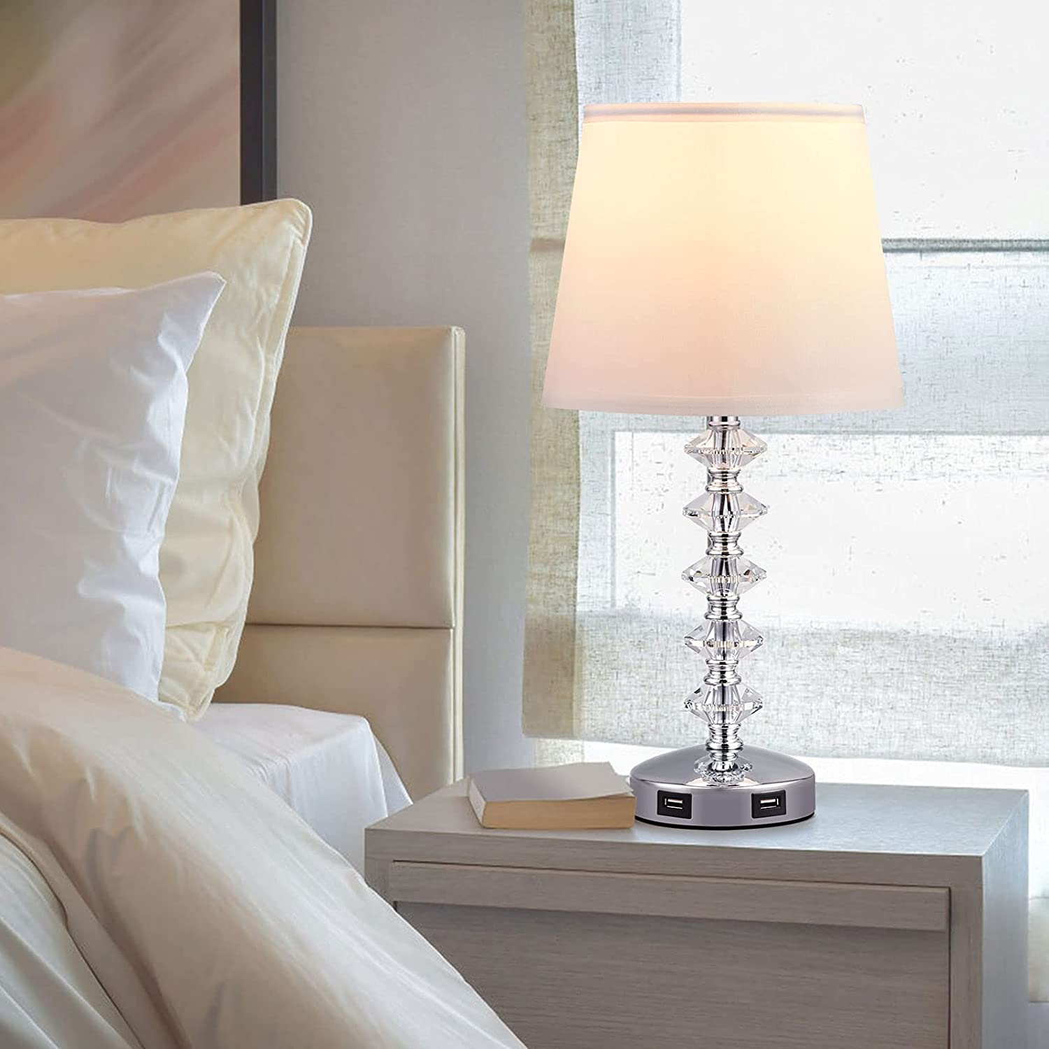 Modern bedroom lamp double USB rechargeable bedside lamp simple touch LED crystal table lamp