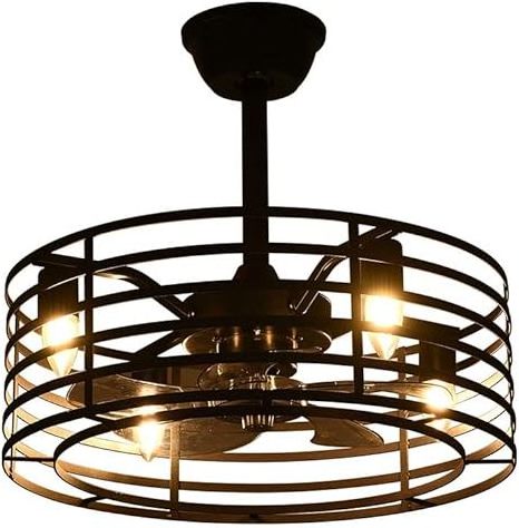 Metal Cage Ceiling Fan Light Kit Remote Pendant Light Fixture Farmhouse Rustic Chandelier by Remote Control