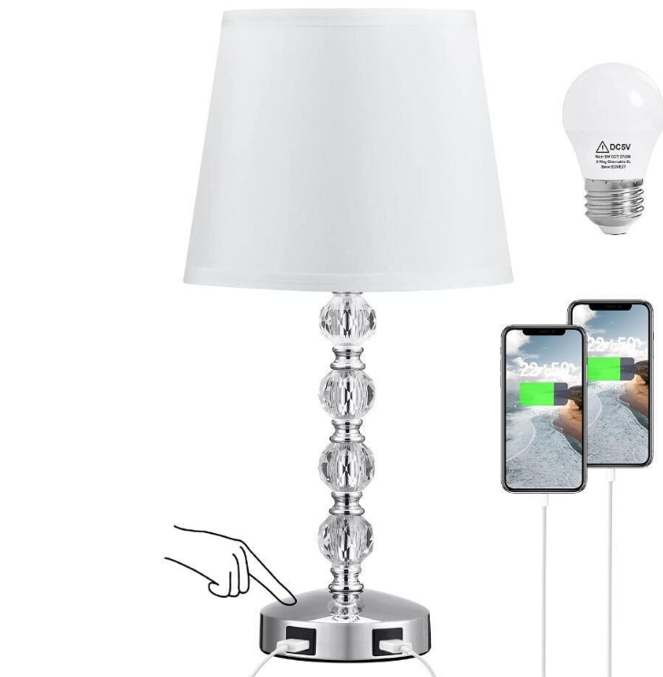 Modern bedroom lamp double USB rechargeable bedside lamp simple touch LED crystal table lamp