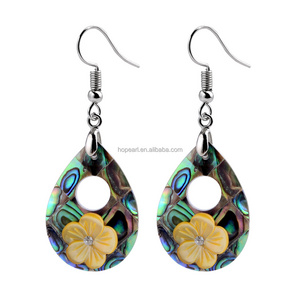 MOP156 Women Girls Jewelry Water Drop Shape Earrings Paua Shell with Yellow Flower