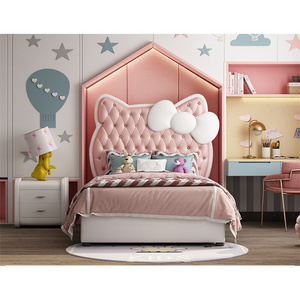 Cute pink leather headboard single bed children's bed princess design furniture single bed wooden frame