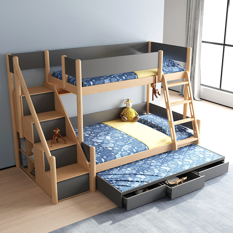 Children's twin bed with bookshelf twin log color high and low with drawer simulation of solid wood feeling soft fashionable bed