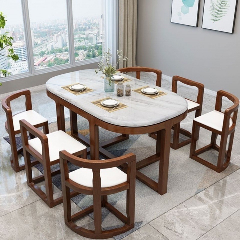 Modern simple marble top round dining table solid wood frame dining chairs Nordic luxury home kitchen dining room furniture sets