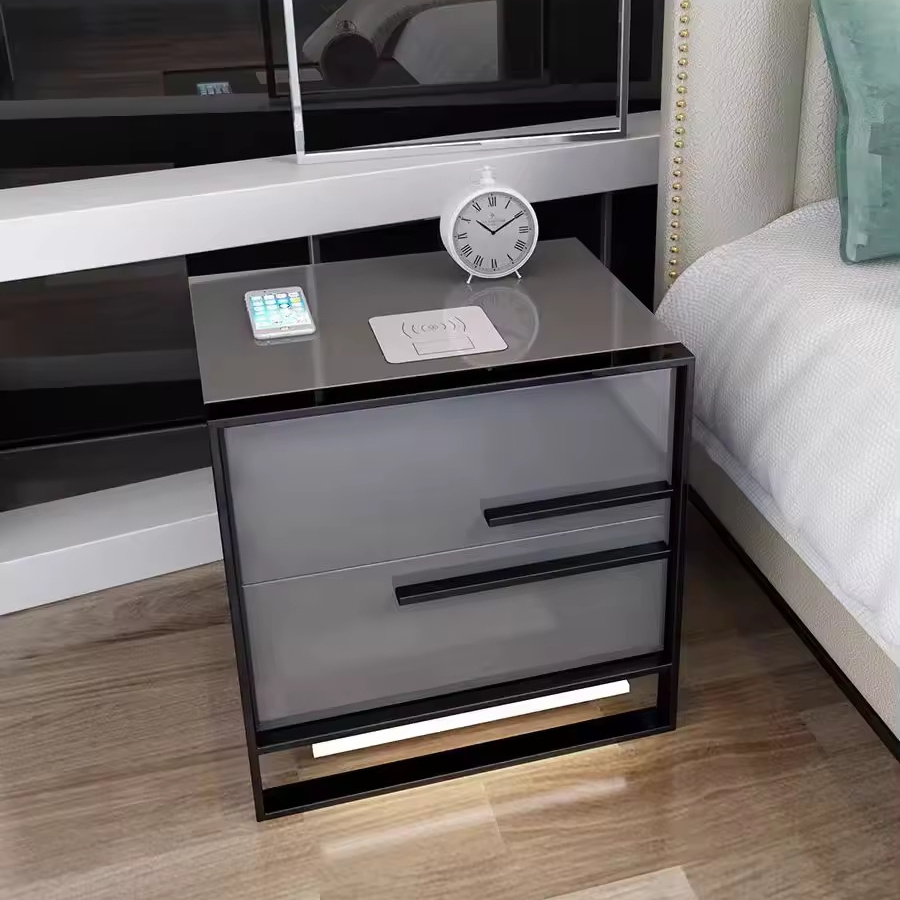 Furniture Luxury Modern Glass Top Modern Tall with Locking Drawer Speaker Smart Led Nightstand  cheap bedroom furniture