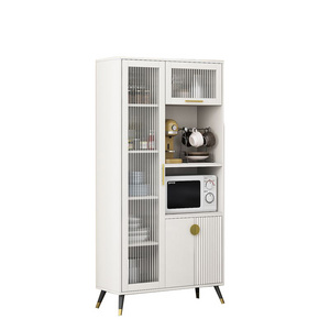 Kitchen Buffet Pantry with 3 Cabinets 2 Shelves and Large Countertop Tall White Cabinet