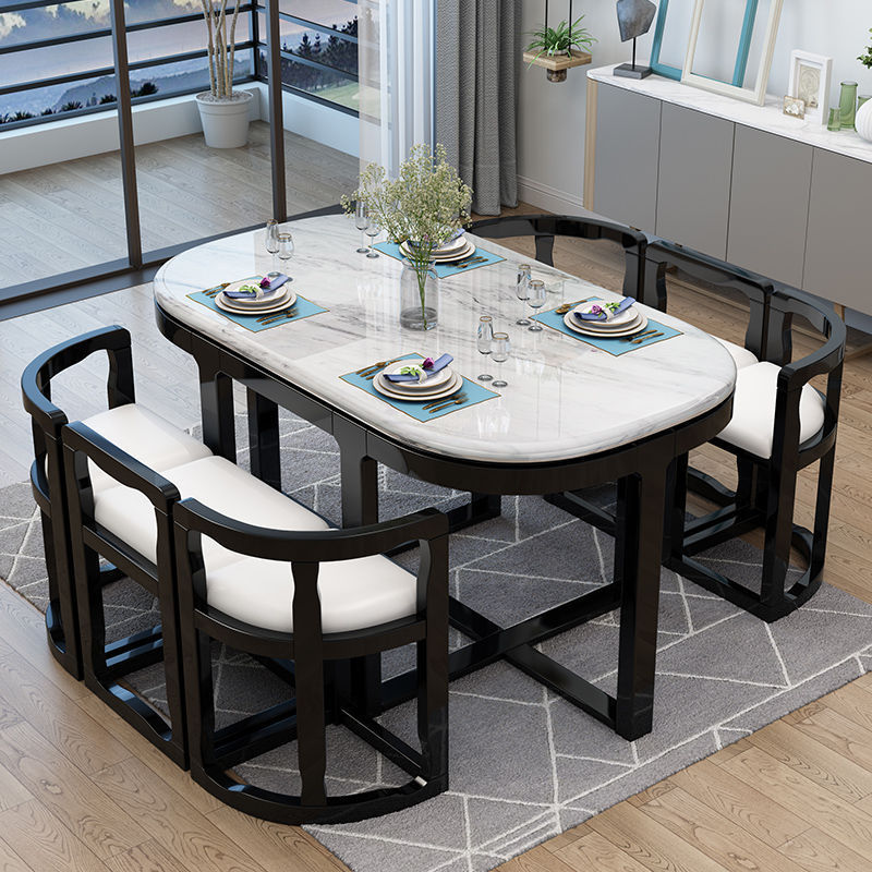 Hot sale put-in design foldable simple hardwood family combination modern minimalist apartment marble six chairs dining table