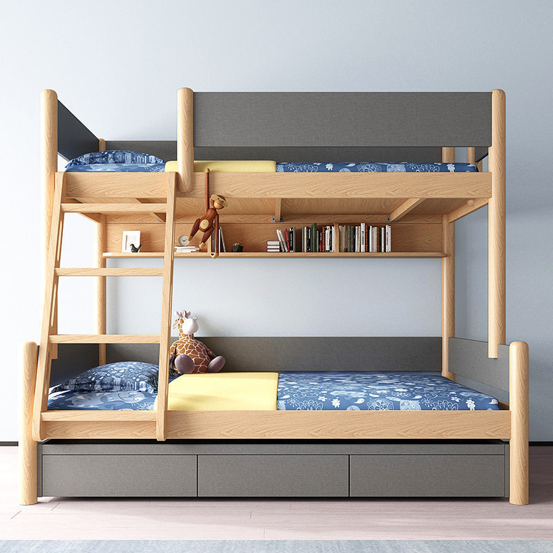 Children's twin bed with bookshelf twin log color high and low with drawer simulation of solid wood feeling soft fashionable bed