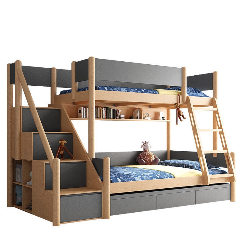 Children's twin bed with bookshelf twin log color high and low with drawer simulation of solid wood feeling soft fashionable bed