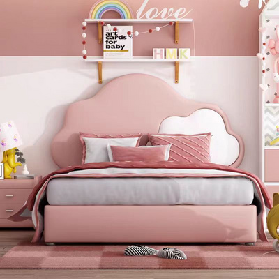 Light luxury children beds furniture girl princess pink velvet bed princess kids furniture fabric upholstered kids toddler bed