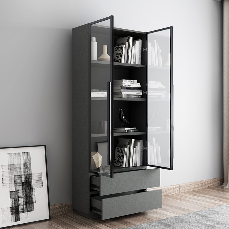 Nordic simple glass door storage cabinet with drawer study living room storage cabinet factory outlet durable bookshelf