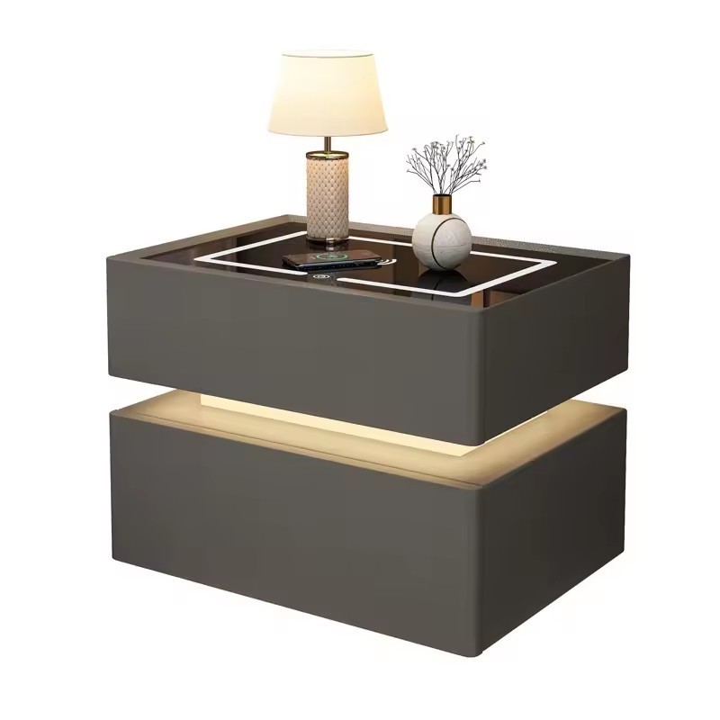 Modern Luxury 20 Colors LED Light High Quality Home White Bedside Table Nightstand with charging station and led lights