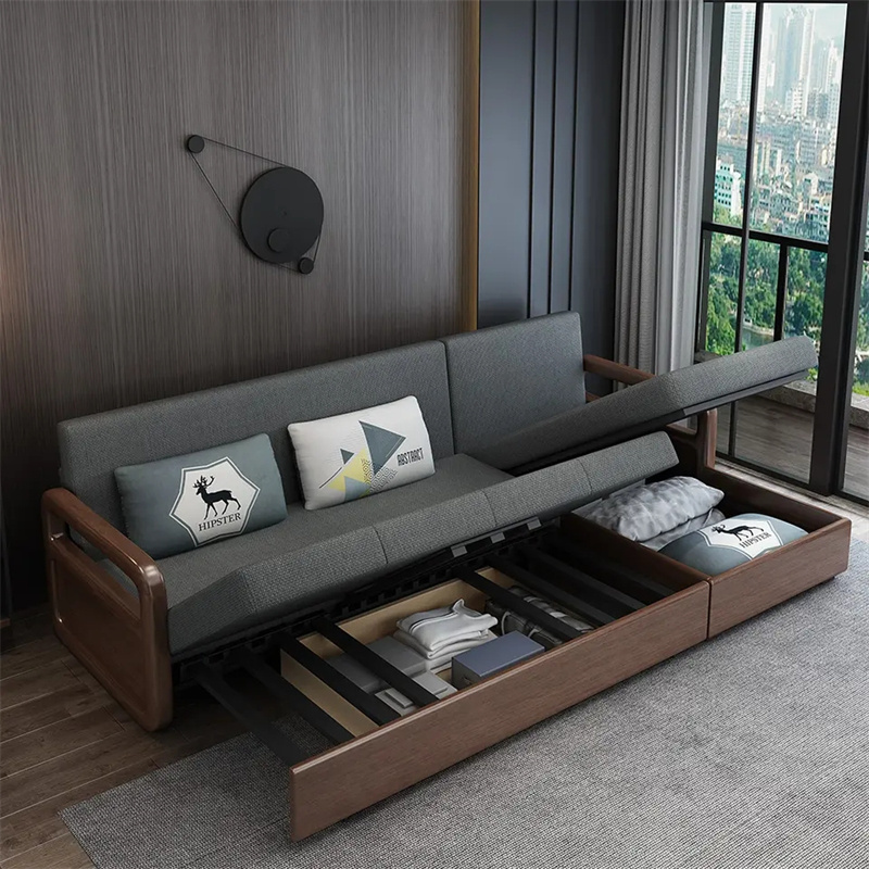 Modern Fabric Grey Beige Couches Wooden Convertible Single Folding Sleeping Sofa Cum Bed With Storage Sofa Bed Living Room Sofas