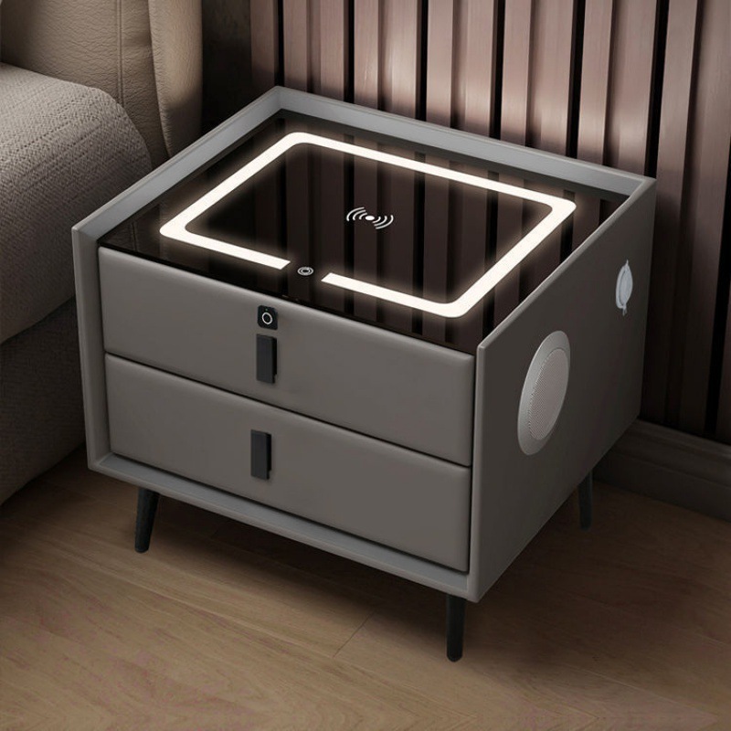 luxury modern smart solid wooden senor leather High Gloss LED Lights Wireless usb Charging Bedroom Bedside Cabinet night stand