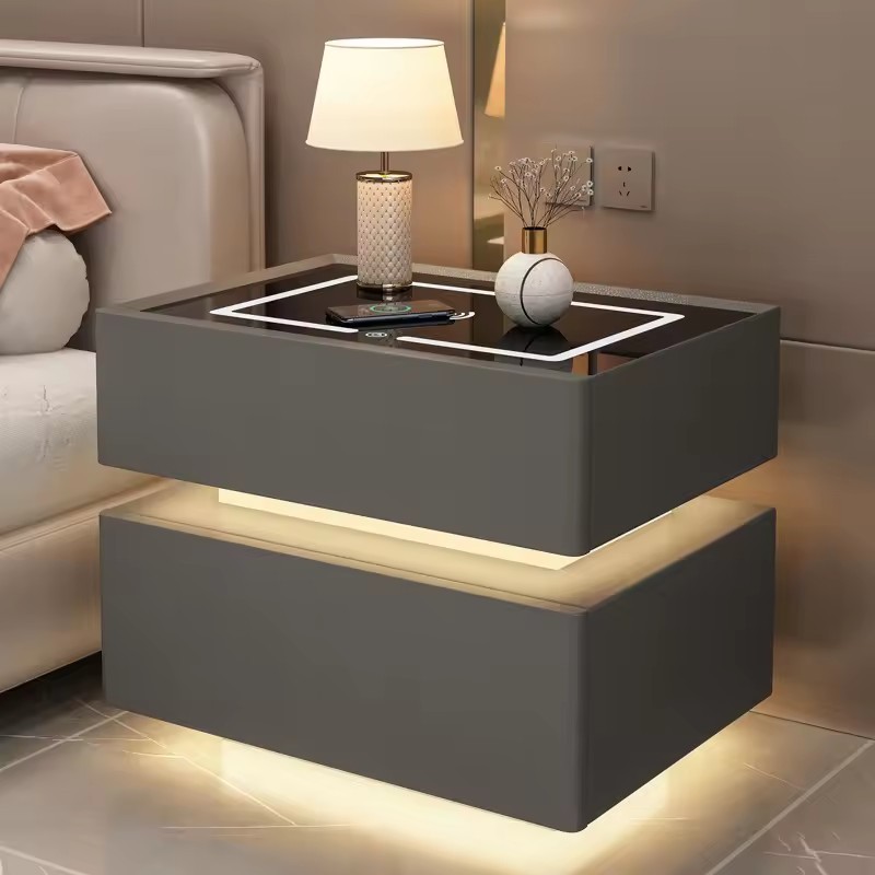 Modern Luxury 20 Colors LED Light High Quality Home White Bedside Table Nightstand with charging station and led lights