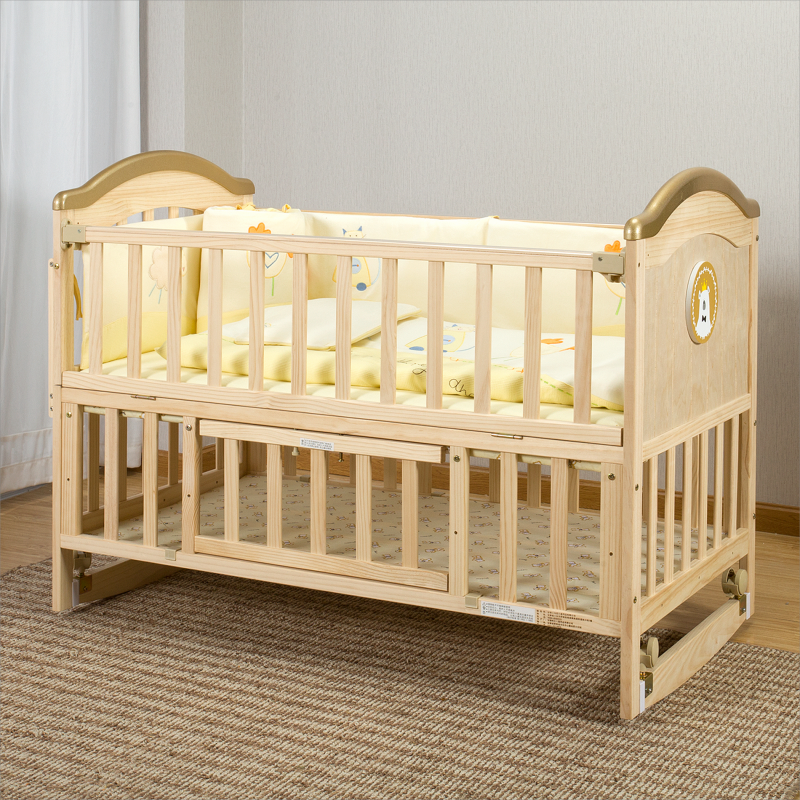 Wooden Crib Baby Cot Crib Solid Wood Baby Bed & Crib Cradle Bed Newborn & Toddler Bed Stitching Bed for 0-8 Years with Mosquito