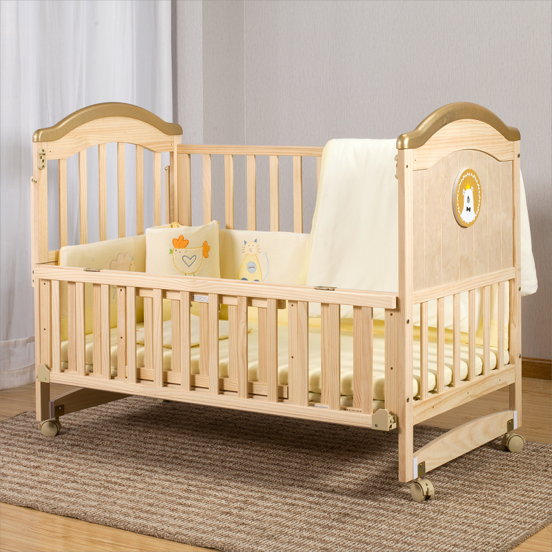 Wooden Crib Baby Cot Crib Solid Wood Baby Bed & Crib Cradle Bed Newborn & Toddler Bed Stitching Bed for 0-8 Years with Mosquito