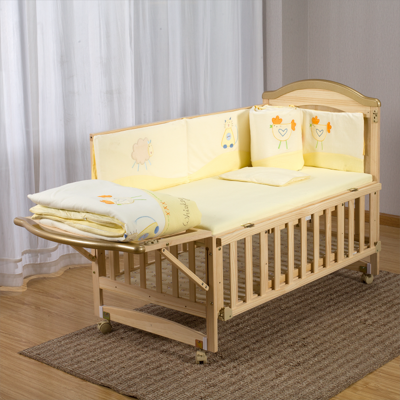 Wooden Crib Baby Cot Crib Solid Wood Baby Bed & Crib Cradle Bed Newborn & Toddler Bed Stitching Bed for 0-8 Years with Mosquito