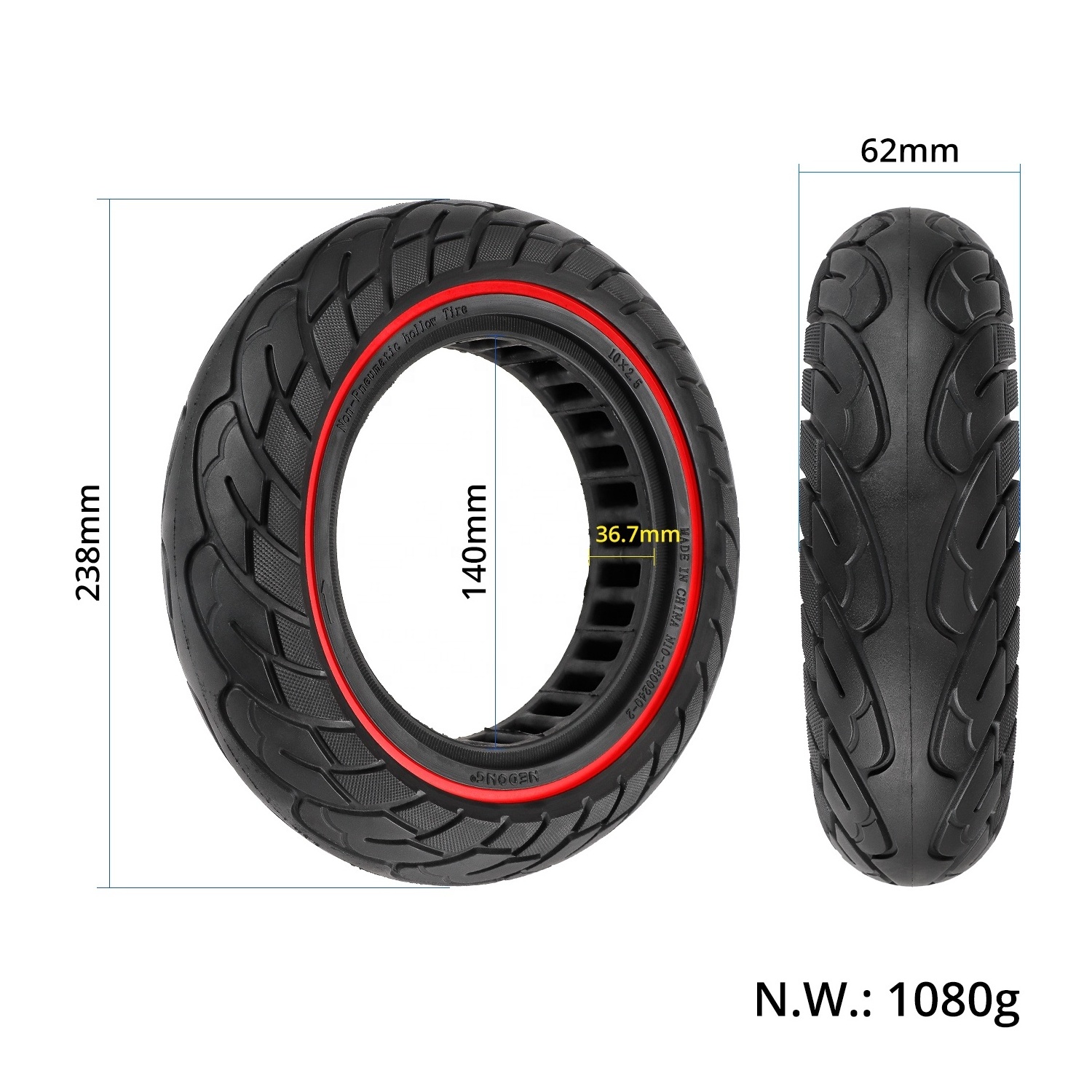 Electric Bicycle 10*2.5 Solid Tire With Red Circle 37mm Card slot for Ninebot Max G30 Scooter Honeycomb Explosion-proof Tire