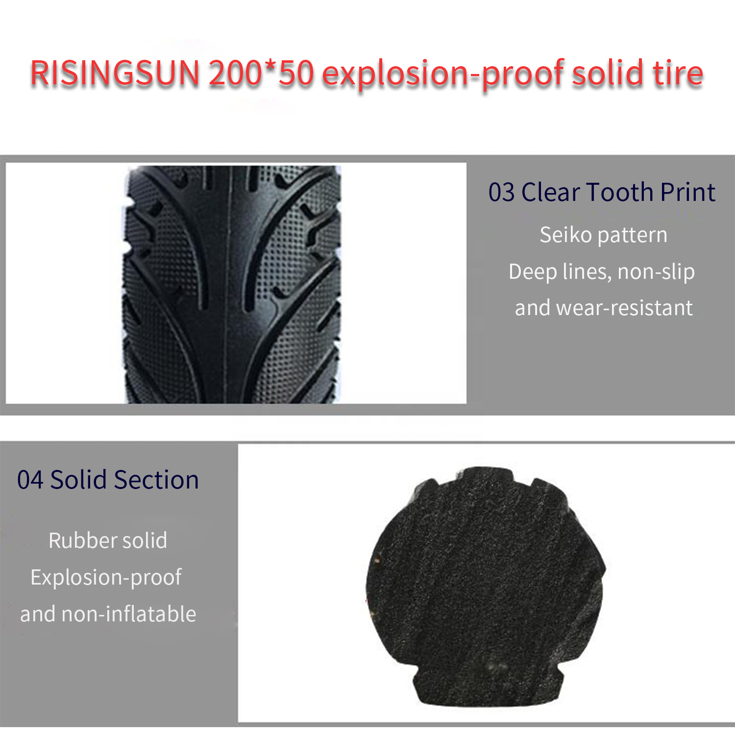 RISINGSUN 200*50 Solid Tire Non-pneumatic Explosion-proof Motor Tyres Rubber Solid Tyres for  8 Inch Electric Scooter