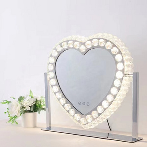 Docarelife diamond cosmetic makeup 3 color light tabletop mirror heart shape vanity mirror with rhinestones