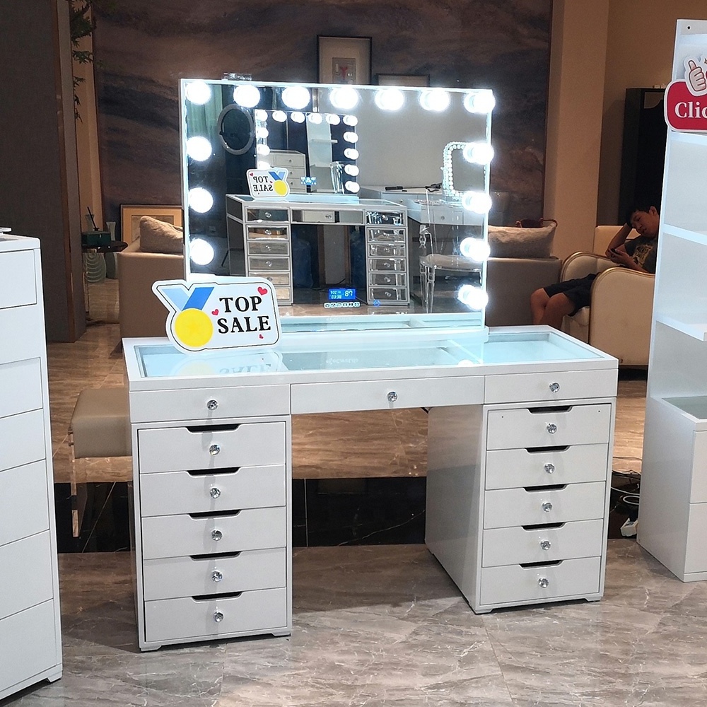 Stock in US! Docarelife Luxurious Dresser 13 Drawers MDF Wood Modern Bedroom Vanity Dressing Table with Hollywood Mirror