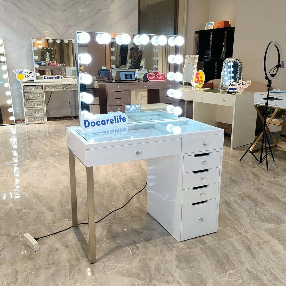 Stock in US! Docarelife Luxurious Dresser 13 Drawers MDF Wood Modern Bedroom Vanity Dressing Table with Hollywood Mirror