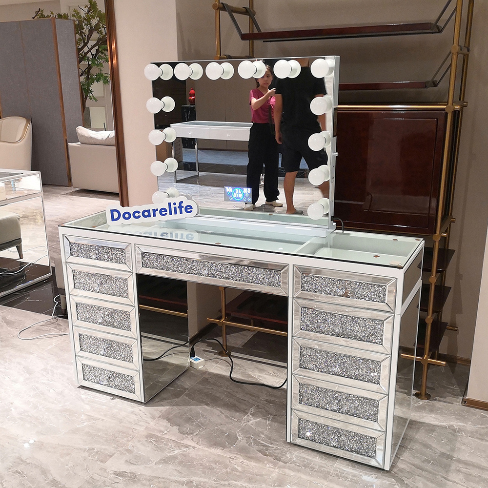 Stock America Warehouse! Docarelife Hollywood crystal vanity table bedroom furniture set modern crushed diamond mirrored dresser