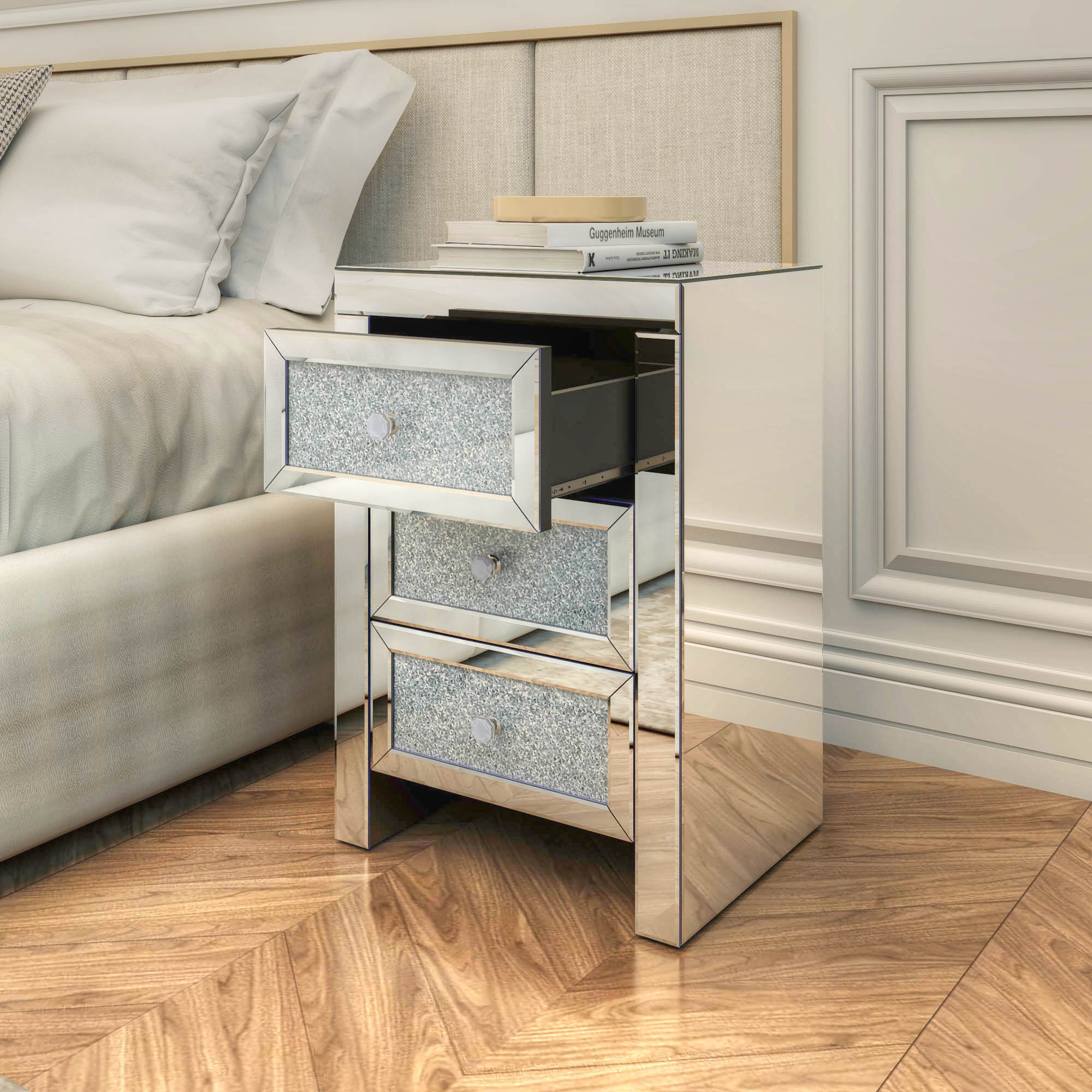 Stock in USA! Home bedroom hotel modern crushed diamond mirrored bedside table 3 drawers nightstand