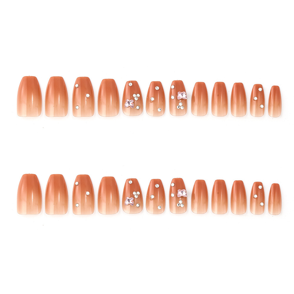 HJ-005-005 Hot Sell Custom Ombre Brown Press On Nails Artificial Coffin Rhinestones Nail Tips Full Cover Fake Nails