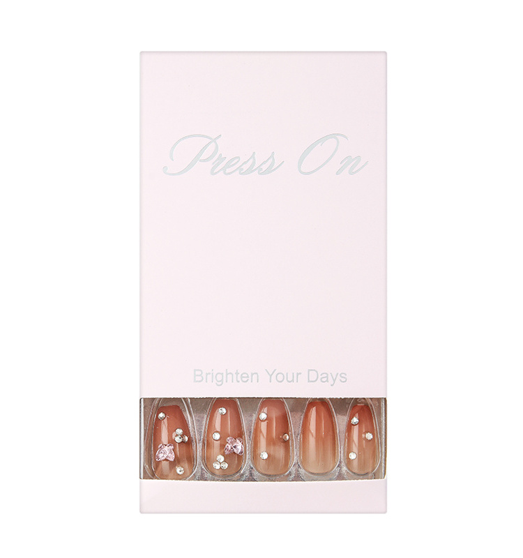 HJ-005-005 Hot Sell Custom Ombre Brown Press On Nails Artificial Coffin Rhinestones Nail Tips Full Cover Fake Nails