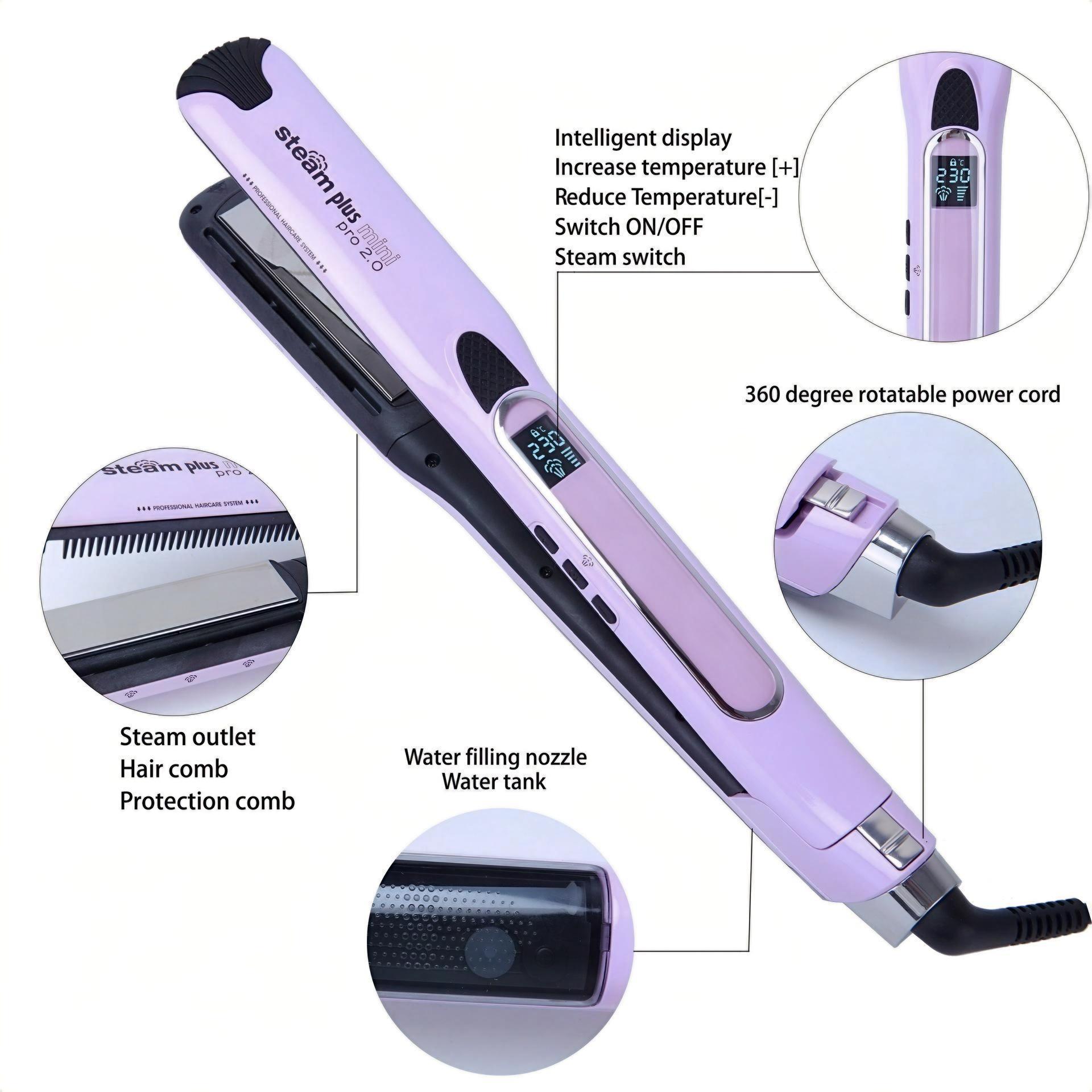 Salon Professional Titanium carbide coating Steam Flat Iron with Removable Comb+Digital LCD MINI Steam hair straightener