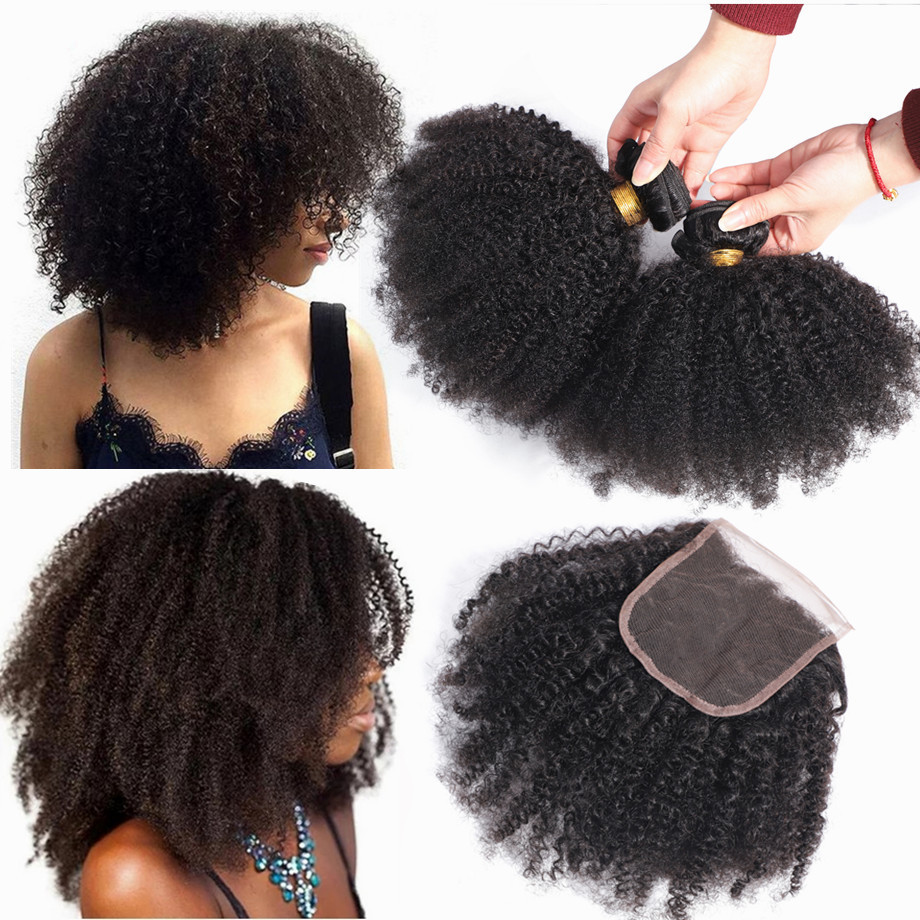 wholesale 9A Grade Natural black Cuticle aligned machine double weft Afro Kinky Curly human hair Bundles with 4x4 lace closure