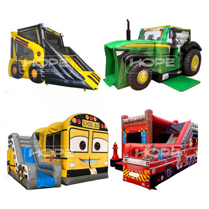 Commercial PVC vehicle bouncer inflatable school bus jumper fire truck bouncy castle tractor bounce house combo with slide