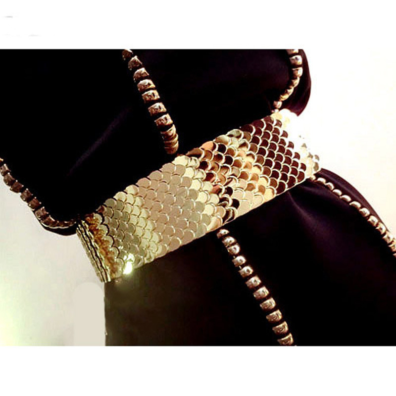 4.5cm width fish scale  two pieces joint buckle elastic band big metal waist belts