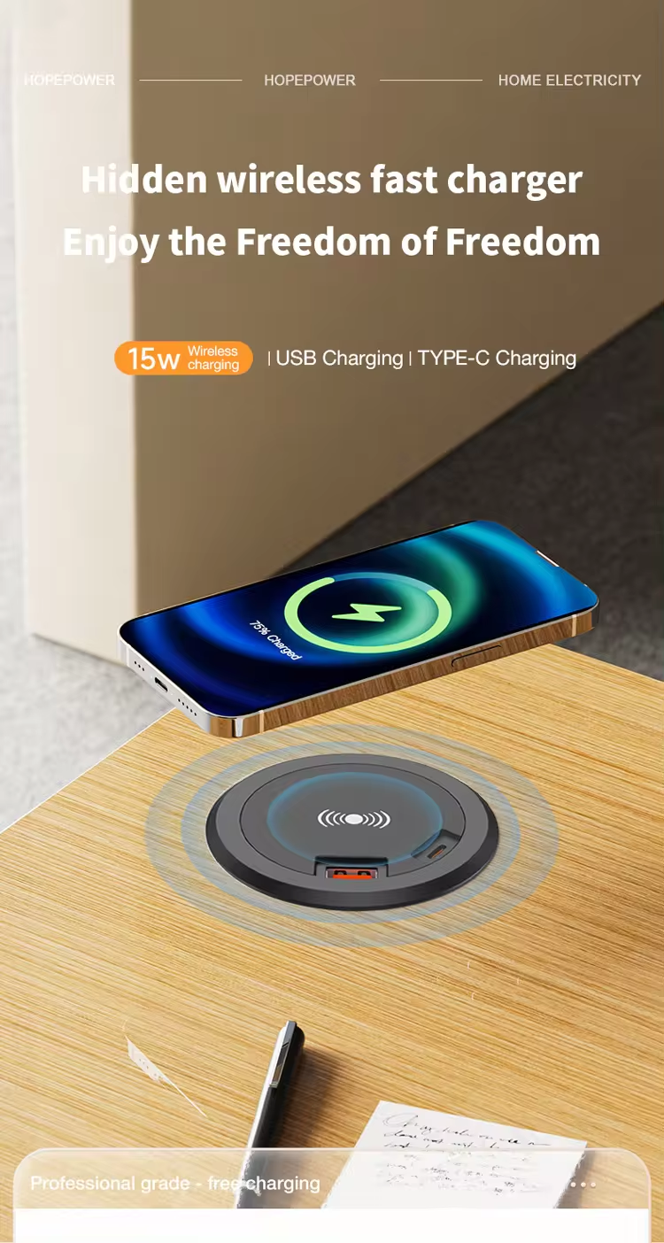 Top ranking best selling 15W Qi-enabled Integrated USB C Furniture Charger Embedded Wireless Charging Pad for Home Office