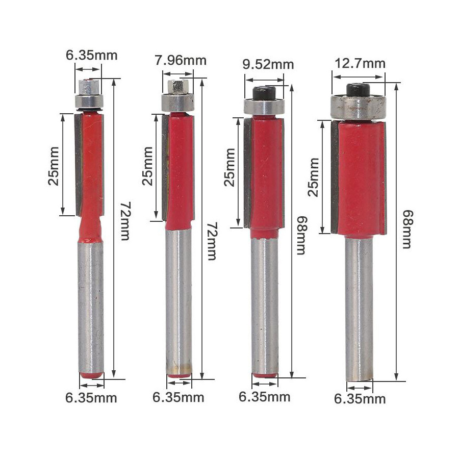 1/4 shank 25mm long Carbide blades woodworking Flush trim router bits wood mill cutter with top bearing for carpentry tools