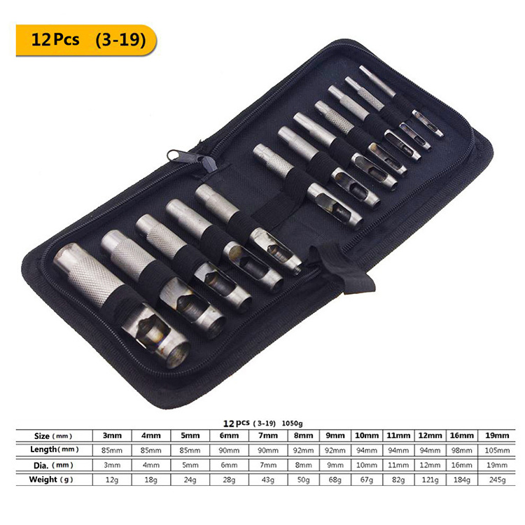 12pcs 15pcs Cr-V steel punching tools round hollow hole punch 3 to 25mm for punching Leather Plastic Belt Cloth paper