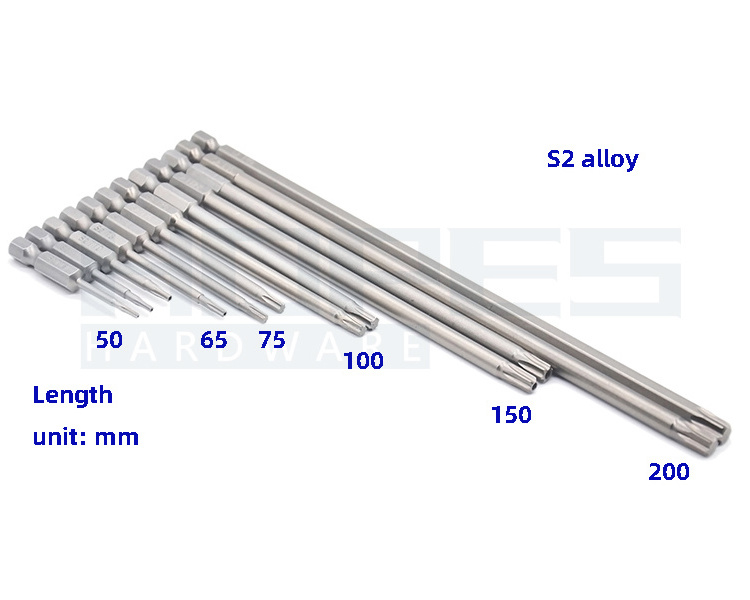 S2 alloy T5 T6 T7 T8 T9 T10 T15 T20 T25 T27 T30 T35 T40 Torx screwdriver bits with 1/4 inch hex shank Length 50-200mm