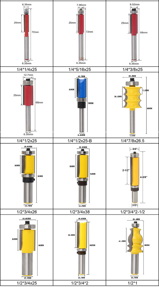 1/4 shank 25mm long Carbide blades woodworking Flush trim router bits wood mill cutter with top bearing for carpentry tools