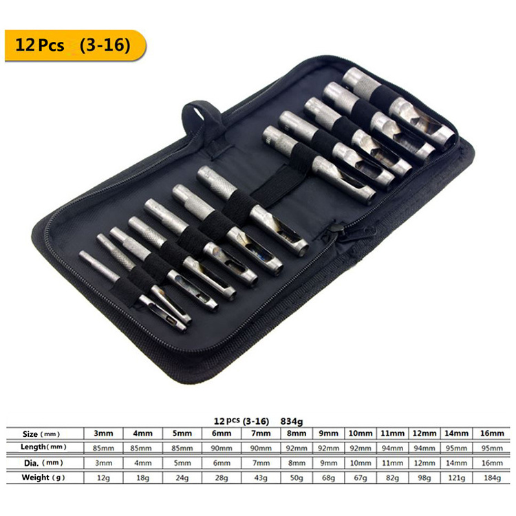 12pcs 15pcs Cr-V steel punching tools round hollow hole punch 3 to 25mm for punching Leather Plastic Belt Cloth paper