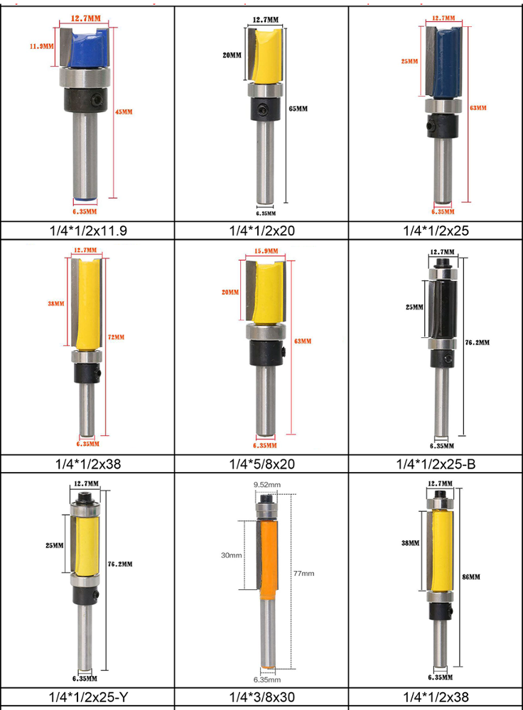 1/4 shank 25mm long Carbide blades woodworking Flush trim router bits wood mill cutter with top bearing for carpentry tools